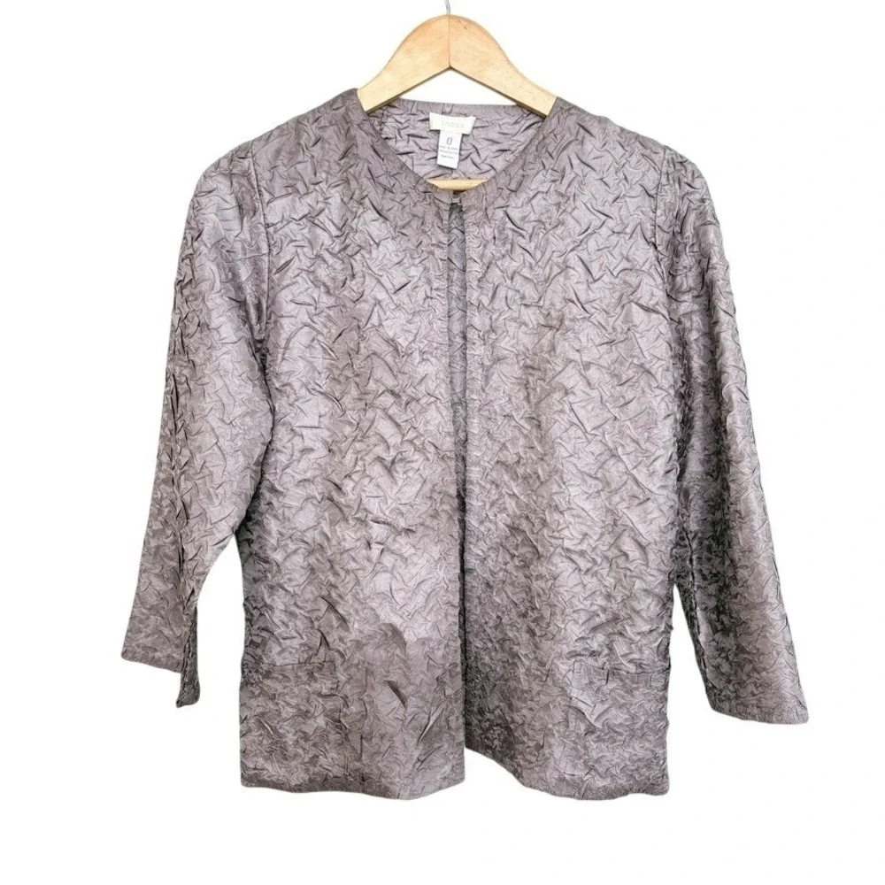 Chico's‎ Jacket Cardigan Top Blouse Crinkle Textured 0 Gray Metallic Open Front